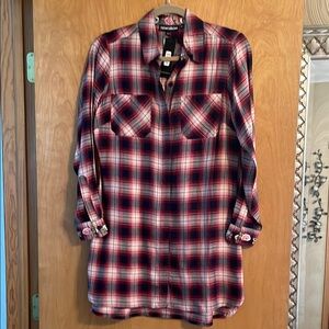 Tolani Collection Red and Blue Plaid Floral Embroidered Shirt Dress